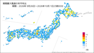 期間最大風速の年平年比の分布図