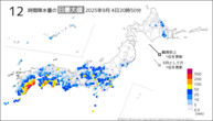 今日の12時間降水量の日最大値の分布図