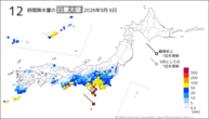 6日の12時間降水量の日最大値の分布図
