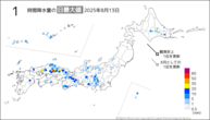 今日の1時間降水量の日最大値の分布図