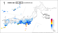 6日の1時間降水量の日最大値の分布図
