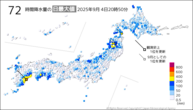 今日の72時間降水量の日最大値の分布図