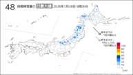 今日の48時間降雪量の日最大値の分布図