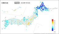 昨日の最低気温平年差の分布図
