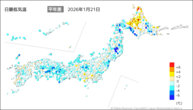 21日の最低気温平年差の分布図