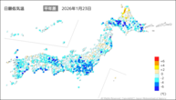 23日の最低気温平年差の分布図
