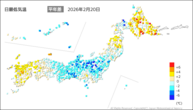 20日の最低気温平年差の分布図