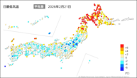 21日の最低気温平年差の分布図