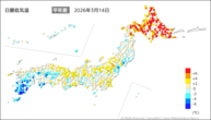 14日の最低気温平年差の分布図