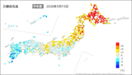 15日の最低気温平年差の分布図