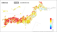 4日の最低気温平年差の分布図