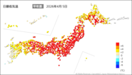 5日の最低気温平年差の分布図