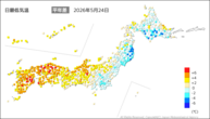 昨日の最低気温平年差の分布図
