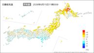 今日の最低気温平年差の分布図