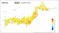 21日の最低気温平年差の分布図