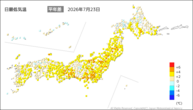 22日の最低気温平年差の分布図