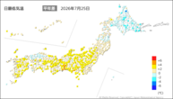 24日の最低気温平年差の分布図