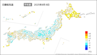 8日の最低気温平年差の分布図