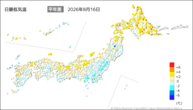 16日の最低気温平年差の分布図