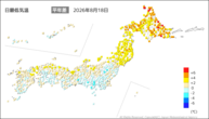 18日の最低気温平年差の分布図