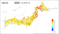 昨日の最低気温平年差の分布図