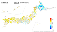 7日の最低気温平年差の分布図