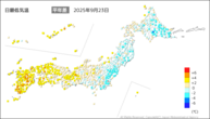 23日の最低気温平年差の分布図