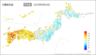 24日の最低気温平年差の分布図