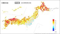 25日の最低気温平年差の分布図