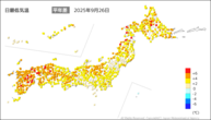 26日の最低気温平年差の分布図