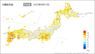27日の最低気温平年差の分布図