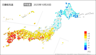 20日の最低気温平年差の分布図