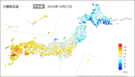 21日の最低気温平年差の分布図