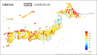 22日の最低気温前日差の分布図