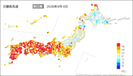 4日の最低気温前日差の分布図