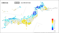 18日の最低気温前日差の分布図