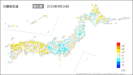 24日の最低気温前日差の分布図