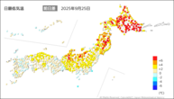 25日の最低気温前日差の分布図