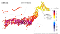 21日の最高気温の分布図