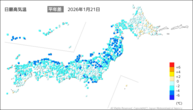 21日の最高気温平年差の分布図