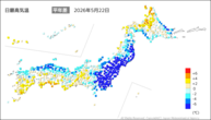 22日の最高気温平年差の分布図