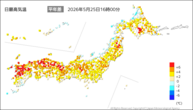 今日の最高気温平年差の分布図