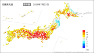 22日の最高気温平年差の分布図