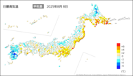 8日の最高気温平年差の分布図