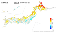 14日の最高気温平年差の分布図