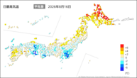 16日の最高気温平年差の分布図