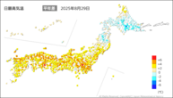29日の最高気温平年差の分布図