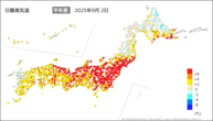 昨日の最高気温平年差の分布図