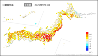 今日の最高気温平年差の分布図