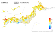 24日の最高気温平年差の分布図